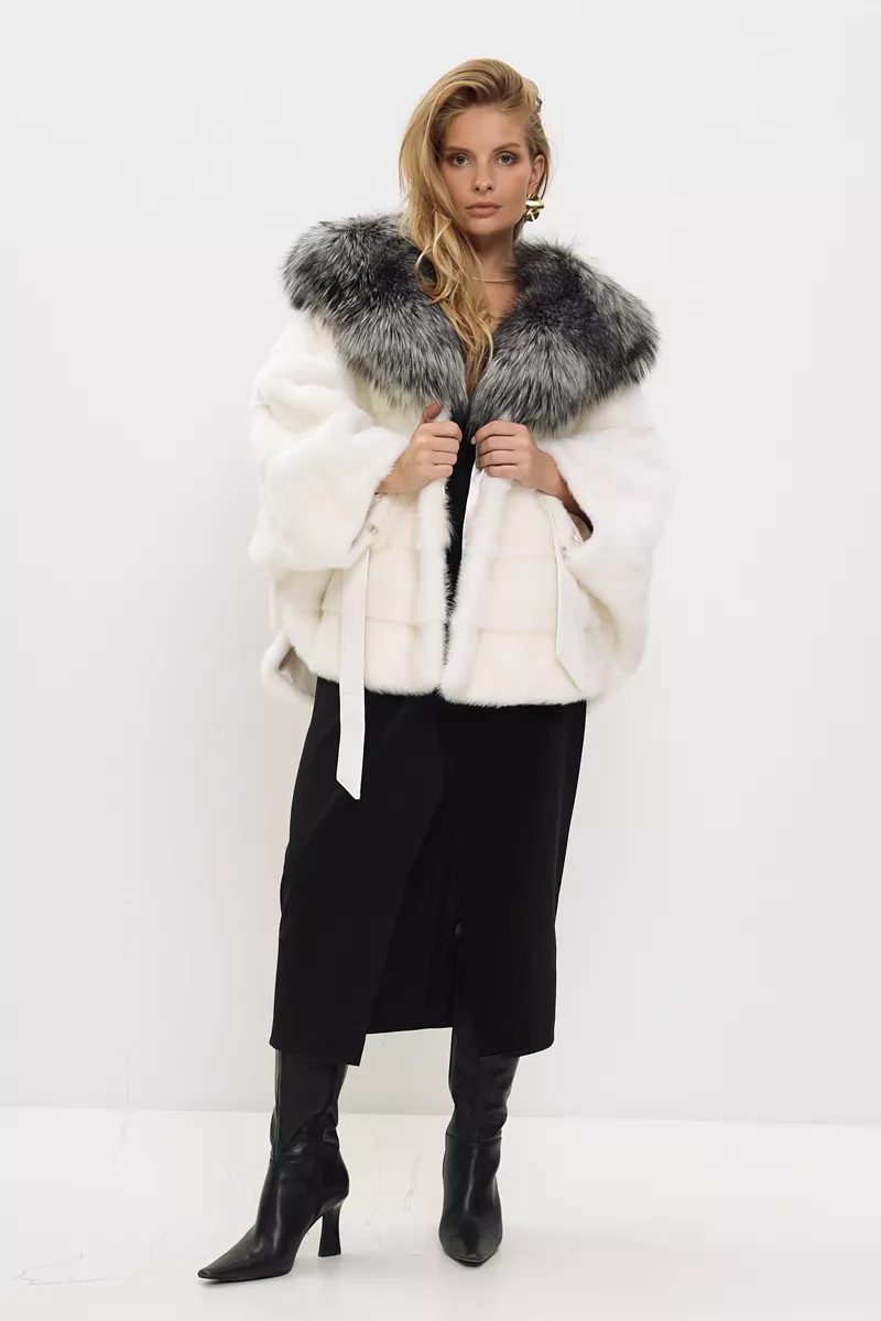 Шуба норковая с капюшоном из чернобурой лисы ШС-212б цвет  фото